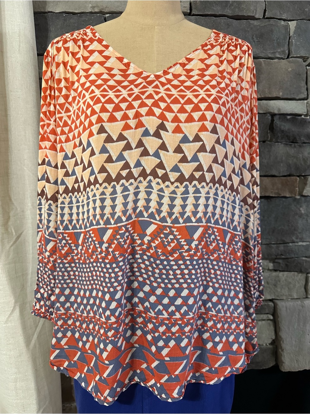 Lucky Brand Orange, Blue & Cream Geometric V-Neck Top- size L